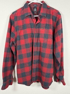 Volcom Men’s Red and Gray Buffalo Check Button-Down Flannel 🧡⭐️